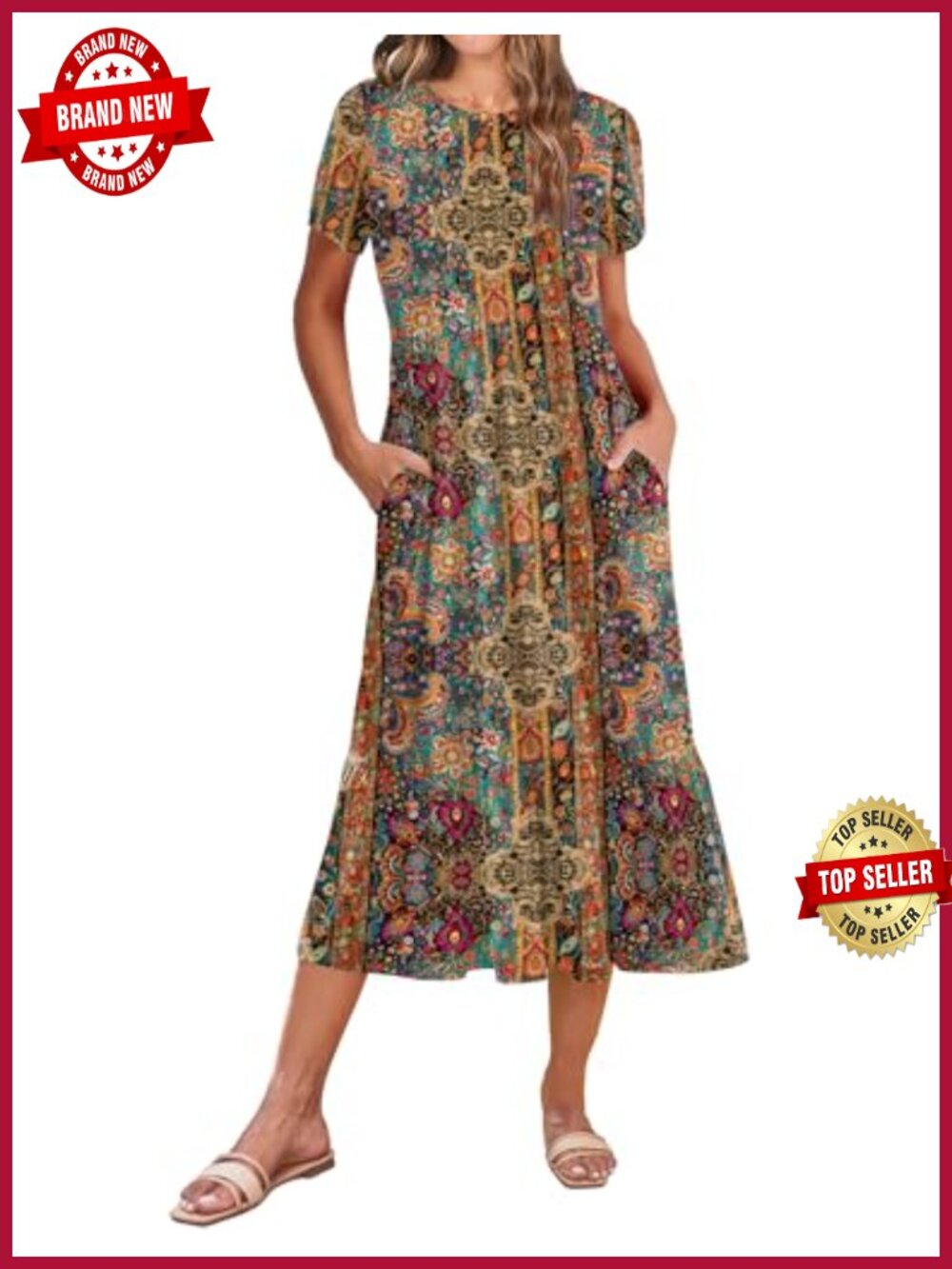 Women Midi A-Line Dress Short Sleeve Tiered Flowy Sundress with Pockets